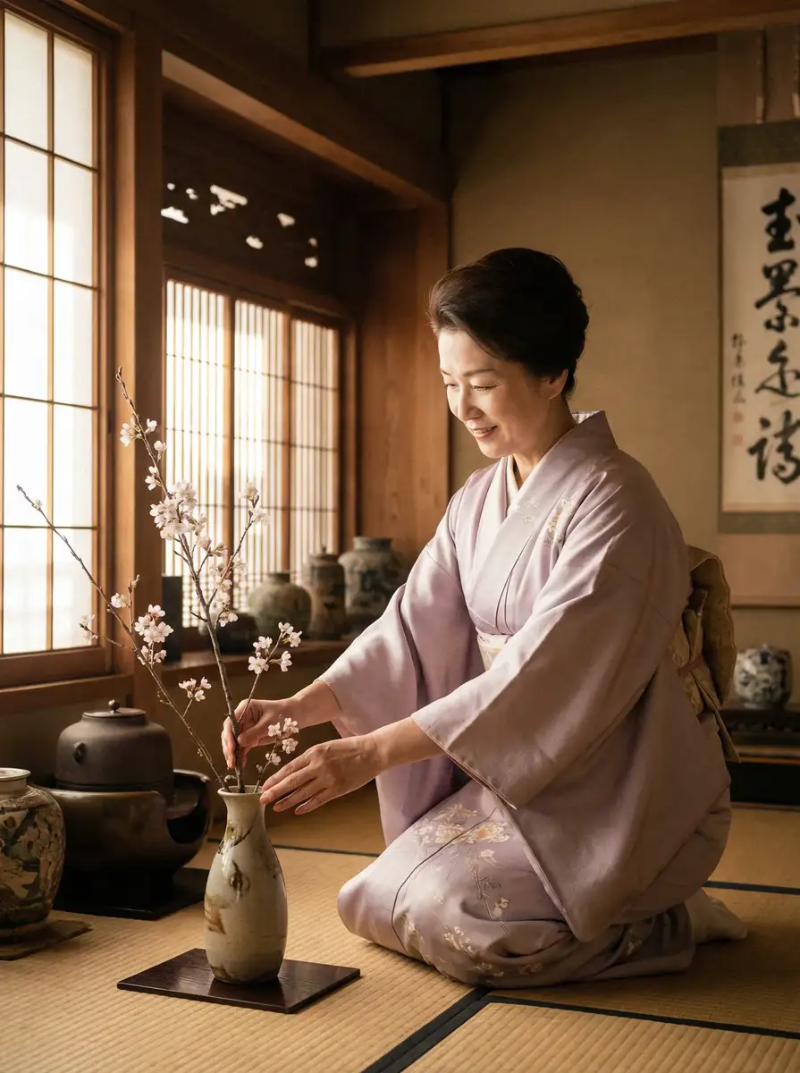 一位优雅的 宝威体育平台 在和室中插花